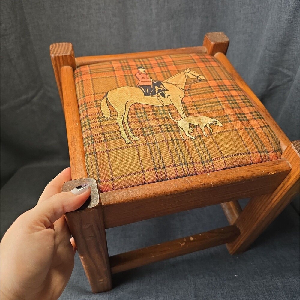VTG Country Style Wood Footstool Ottoman w/ Horse, Rider & Dog Tapestry Top